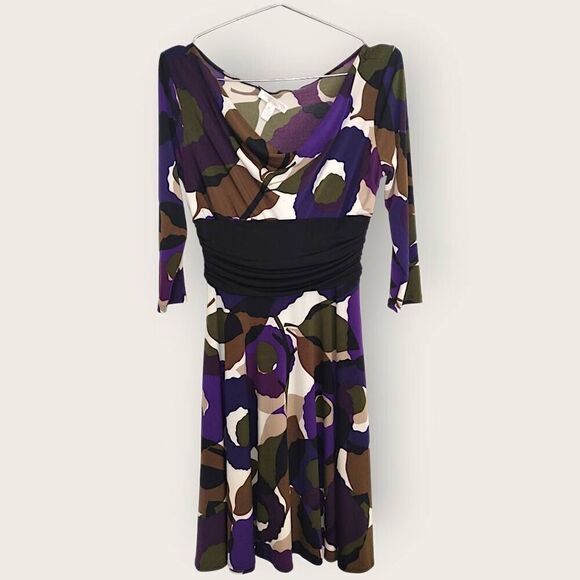 London Times Womens Dress Sz 6P‎ Jersey Wrap Vneck Purple Brown Cottagecore Corp - Picture 1 of 9
